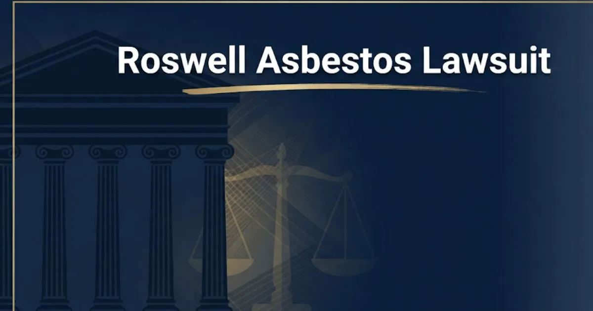 Roswell asbestos lawsuit hero banner with courthouse silhouette and legal symbols in navy and gold design