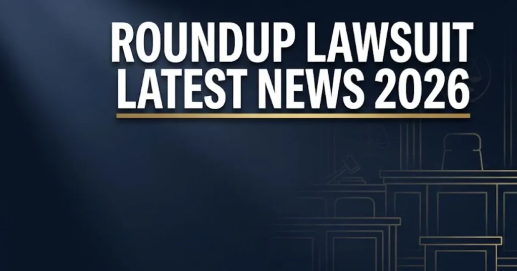 Roundup lawsuit latest news 2026 hero banner showing legal scales and courtroom silhouette with bold headline text