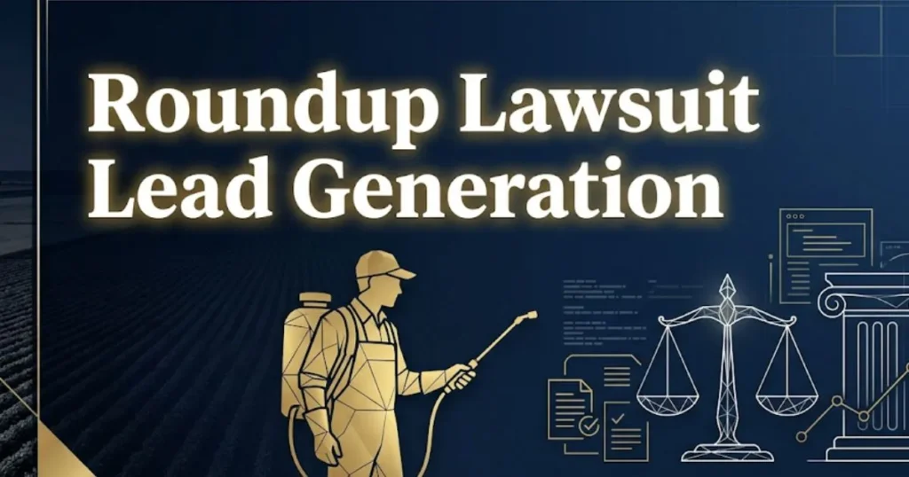 Roundup lawsuit lead generation 2026 guide with legal symbols and navy gold design