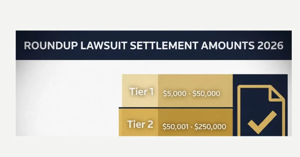 Roundup lawsuit settlement amounts 2026 infographic showing three settlement tier bars with estimated payout ranges