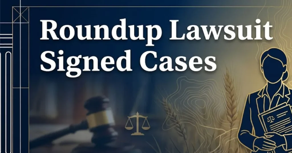 Roundup lawsuit signed cases 2026 guide banner with legal gavel and document silhouette on navy background
