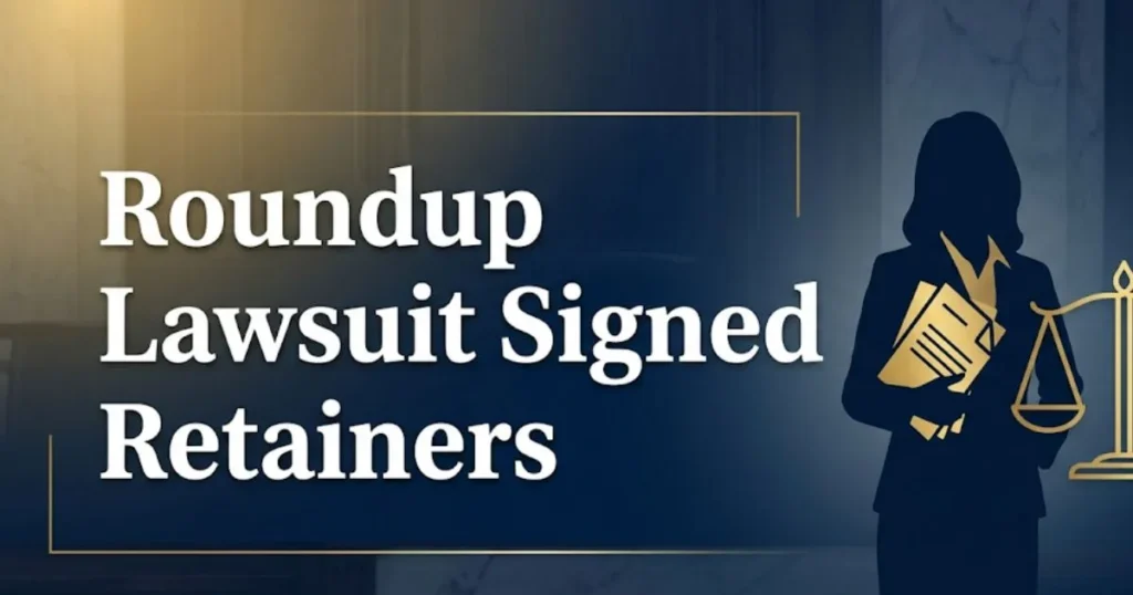 Roundup lawsuit signed retainers 2026 guide banner with legal scales and silhouette on navy background