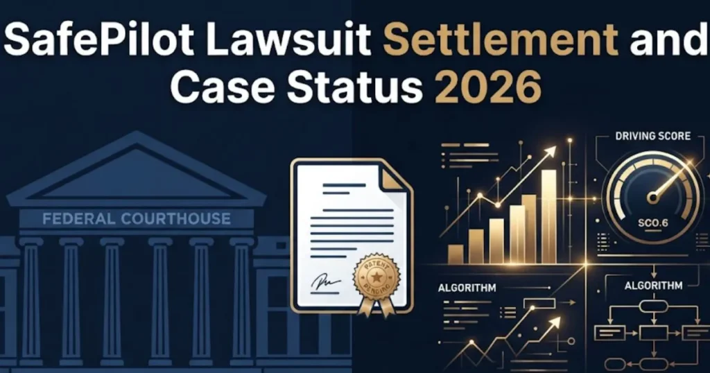 SafePilot lawsuit settlement and 2026 case status graphic with courthouse and data icons