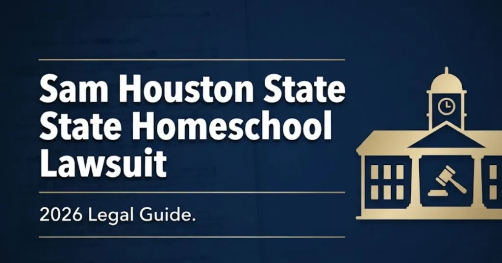 Sam Houston State homeschool lawsuit 2026 legal guide banner with university silhouette and gavel icon on navy background