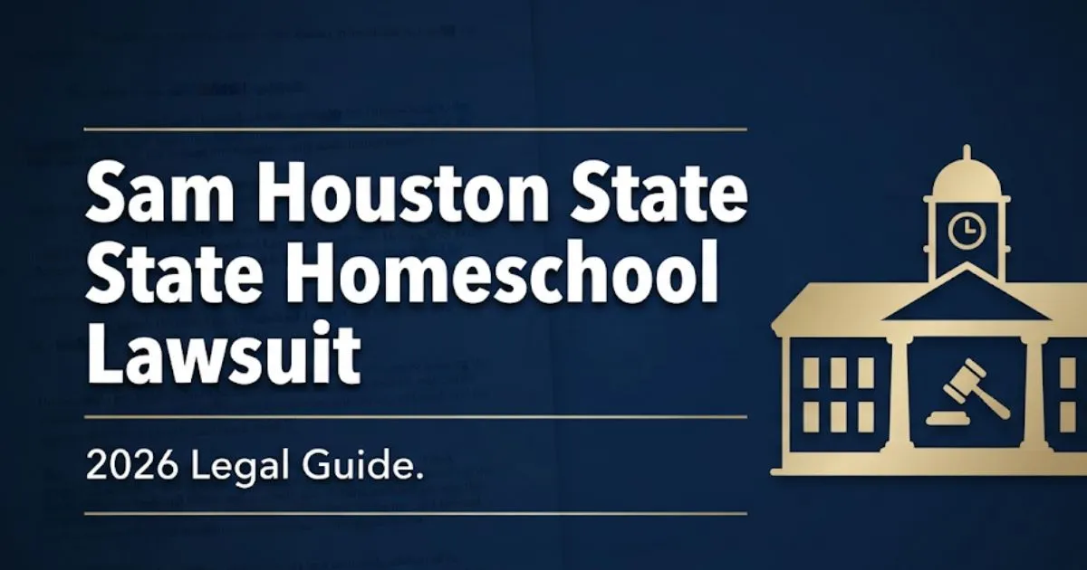 Sam Houston State homeschool lawsuit 2026 legal guide banner with university silhouette and gavel icon on navy background