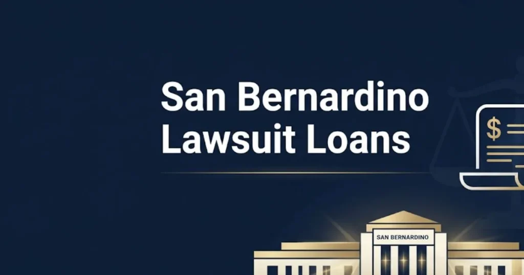 San Bernardino lawsuit loans 2026 guide hero banner with courthouse silhouette and legal funding icons