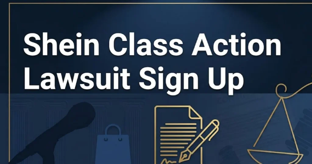 Shein class action lawsuit sign up 2026 guide with legal gavel and courthouse icons on navy background