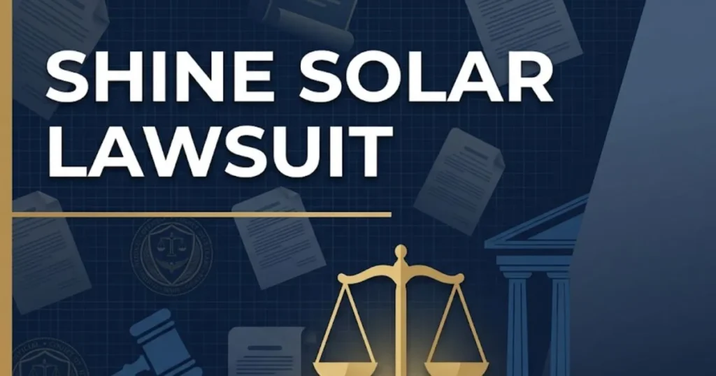 Shine solar lawsuit 2026 legal editorial banner with house silhouette, solar panels, and scales of justice icon