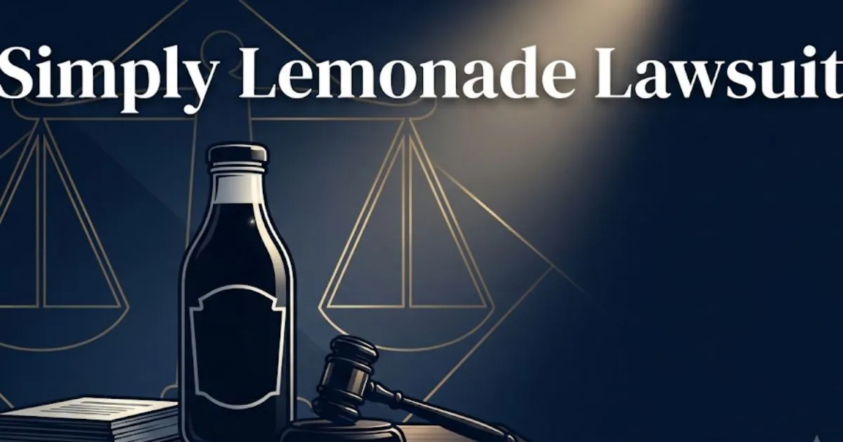 Simply Lemonade lawsuit 2026 hero banner with gavel and lemonade bottle on navy background