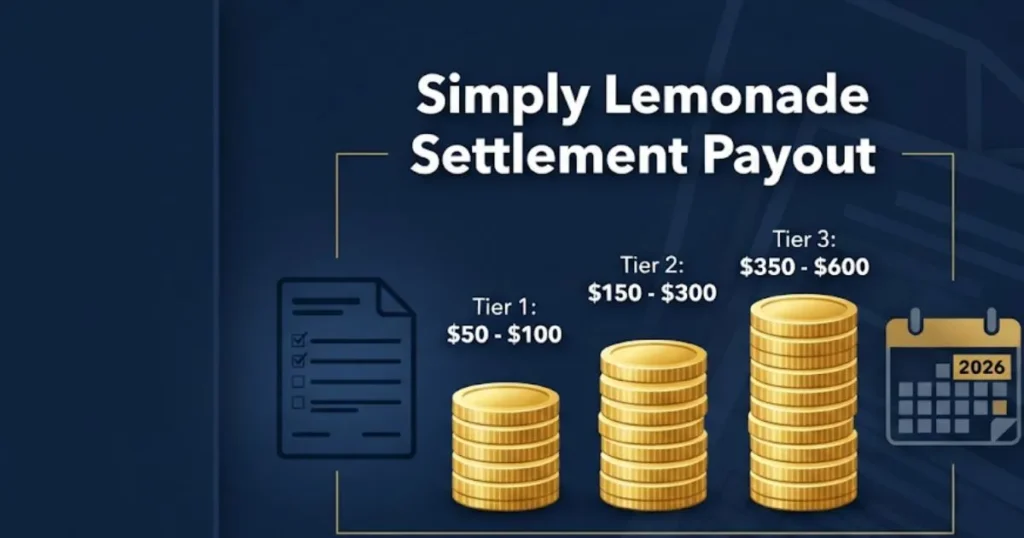 Simply Lemonade settlement payout breakdown infographic showing claim tiers for 2026