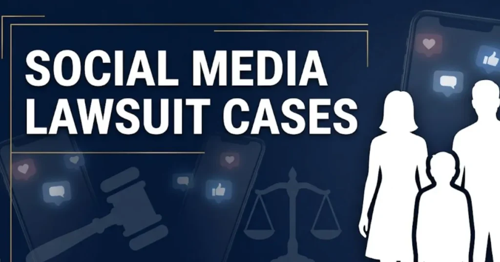 Social media lawsuit cases 2026 legal guide banner with gavel and family silhouettes