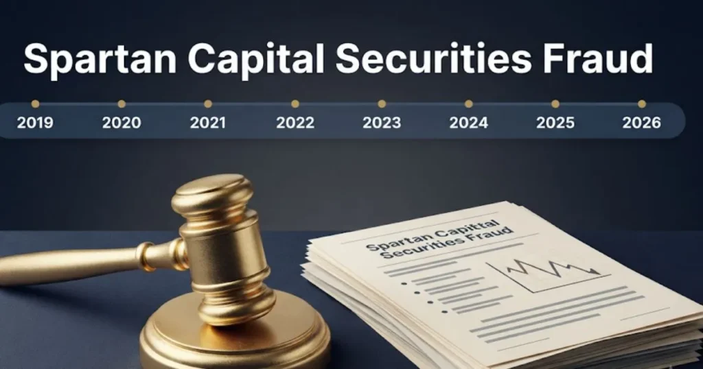 Spartan Capital Securities fraud timeline graphic with gavel and financial documents for 2026