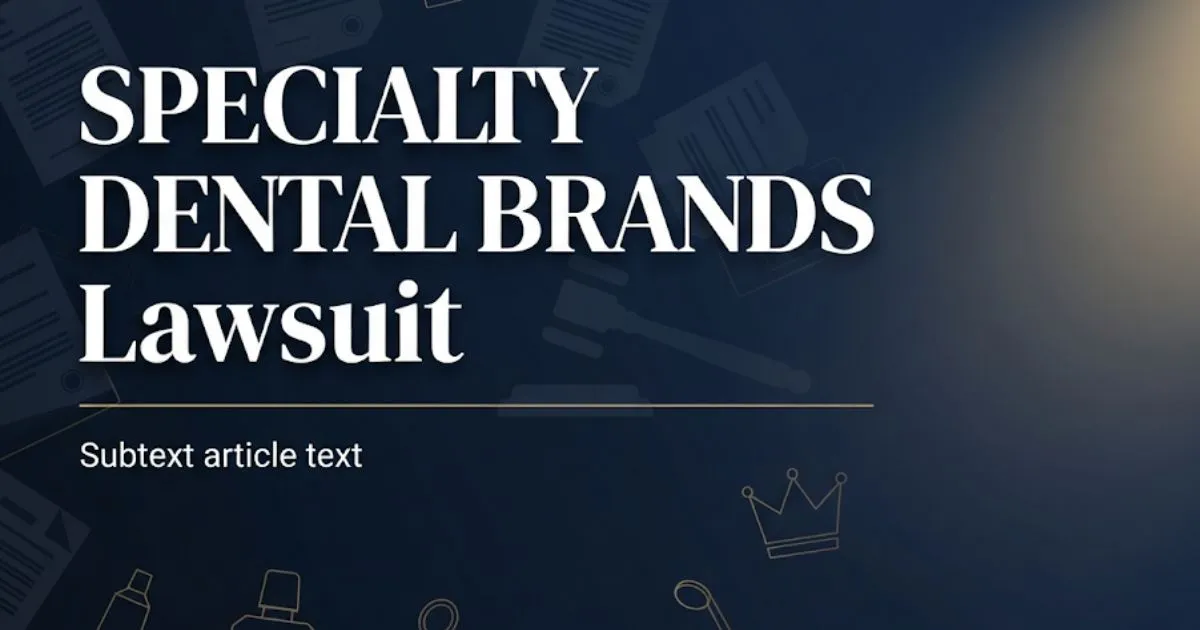 Specialty dental brands lawsuit 2026 hero banner with legal gavel and dental product icons