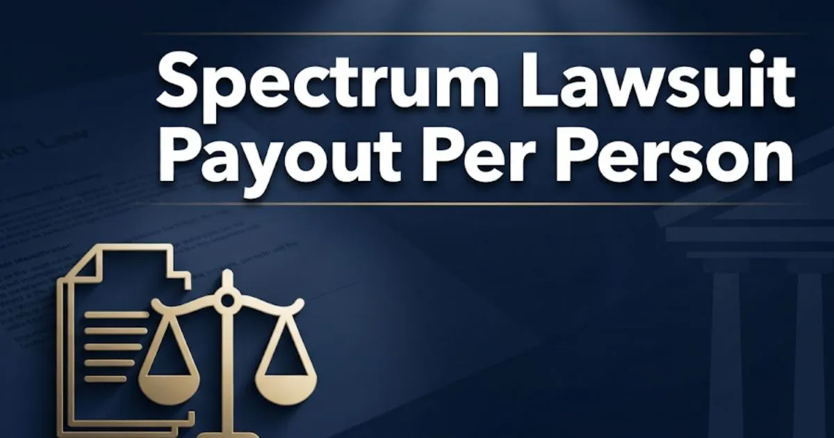 Spectrum lawsuit payout per person 2026 guide banner with courthouse silhouette and legal scale icons on navy background