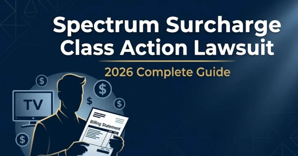 Spectrum surcharge class action lawsuit 2026 guide banner with billing dispute legal theme on navy background