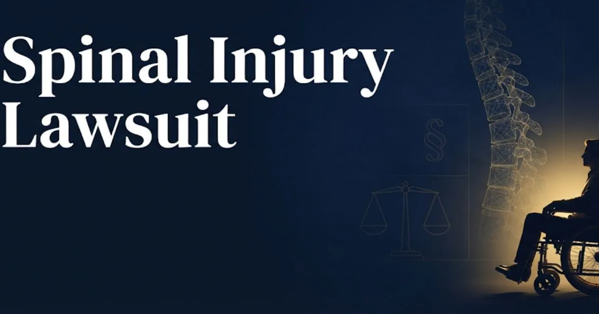 Spinal injury lawsuit 2026 guide with legal scale and spinal column illustration on navy background MAIN KEYWORD {{spinal injury lawsuit}} CLUSTER KEYWORDS {{spinal cord injury lawsuit los an