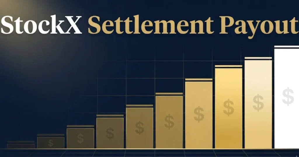 StockX settlement payout tier breakdown graphic with dollar amounts and claim icons