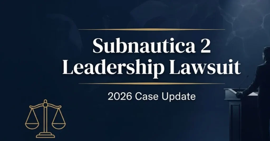 Subnautica 2 Leadership Lawsuit 2026 update hero banner with legal scales and deep navy background