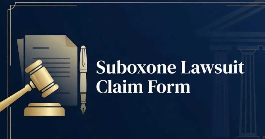 Suboxone lawsuit claim form 2026 hero banner with gavel and legal documents