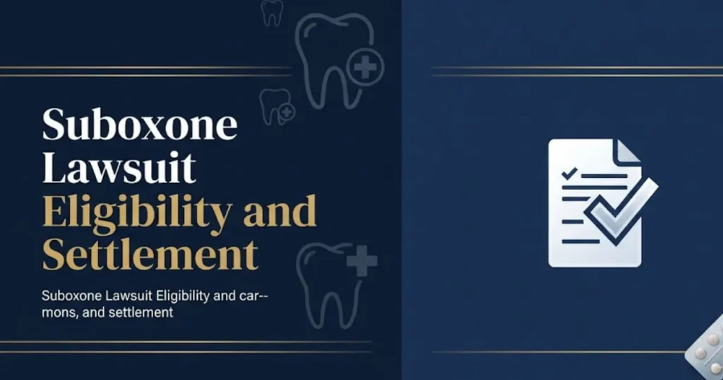Suboxone lawsuit eligibility and settlement information graphic with dental and legal icons