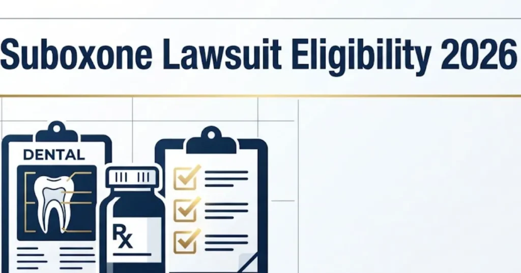 Suboxone lawsuit eligibility checklist graphic with dental chart and prescription icons for 2026