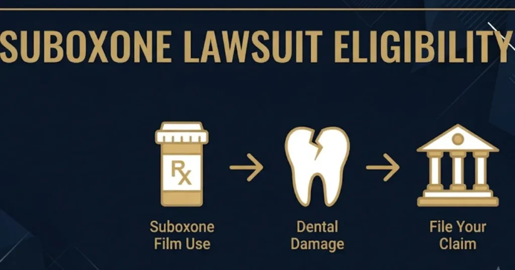 Suboxone lawsuit eligibility infographic showing filing steps with dental damage icons