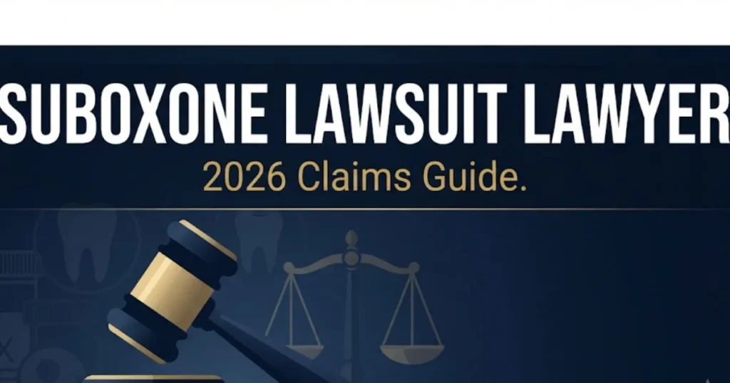 Suboxone lawsuit lawyer 2026 claims guide hero banner with legal symbols and navy background