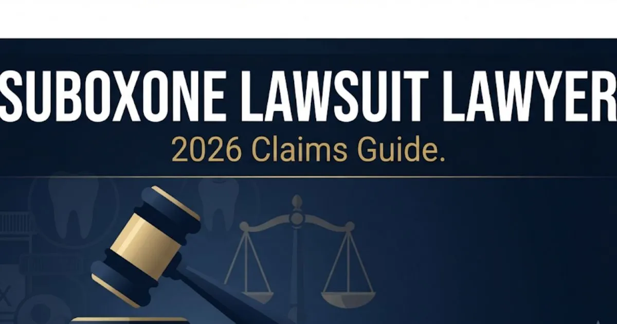 Suboxone lawsuit lawyer 2026 claims guide hero banner with legal symbols and navy background