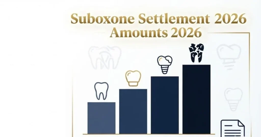 Suboxone settlement amounts 2026 infographic showing payout tiers for dental damage claims