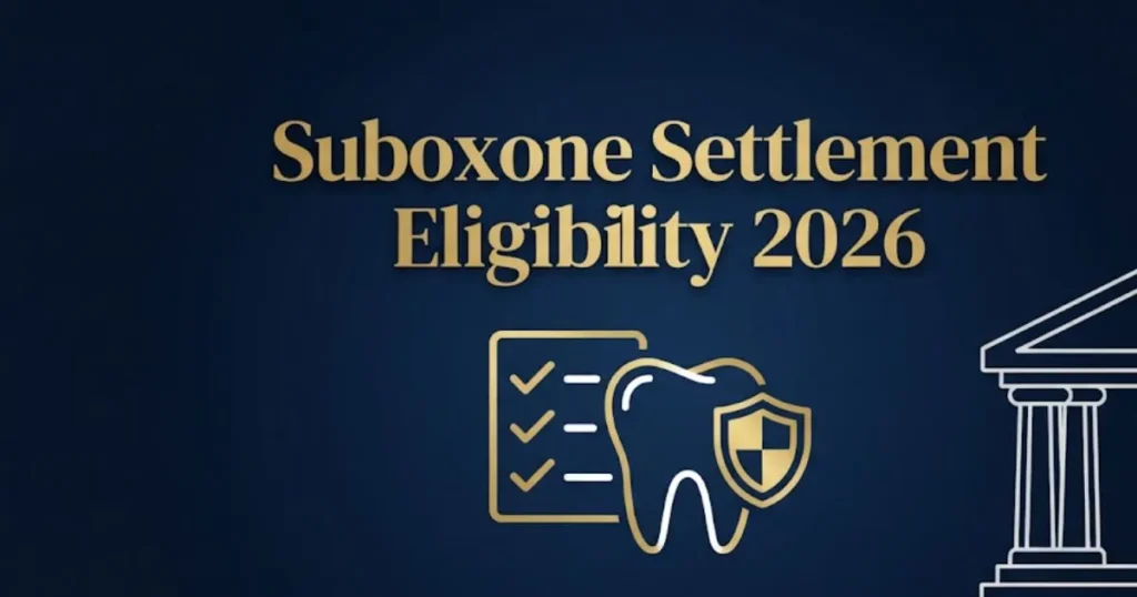 Suboxone settlement eligibility 2026 infographic with checklist and legal symbols