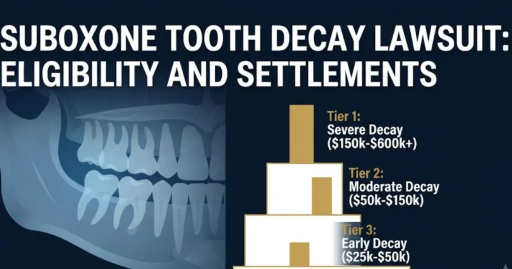 Suboxone tooth decay lawsuit eligibility and settlement infographic