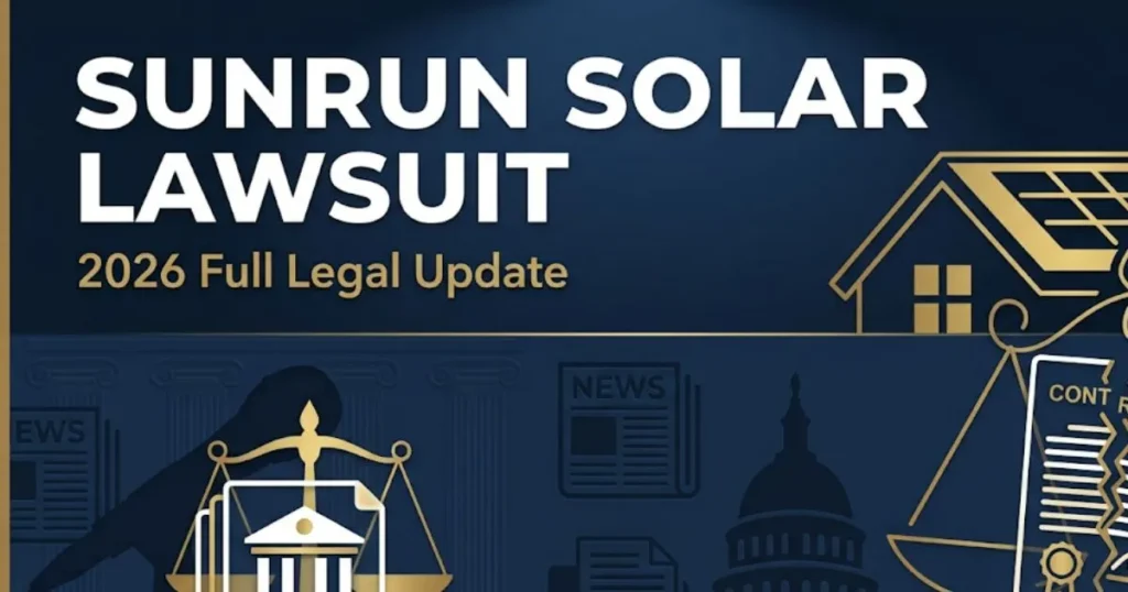 Sunrun solar lawsuit 2026 legal banner showing solar panels and broken contract on navy background