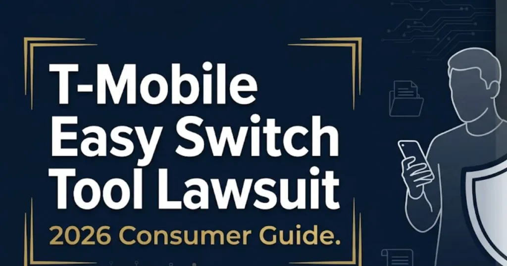 T-Mobile Easy Switch Tool Lawsuit 2026 consumer guide banner with legal shield icon and smartphone silhouette