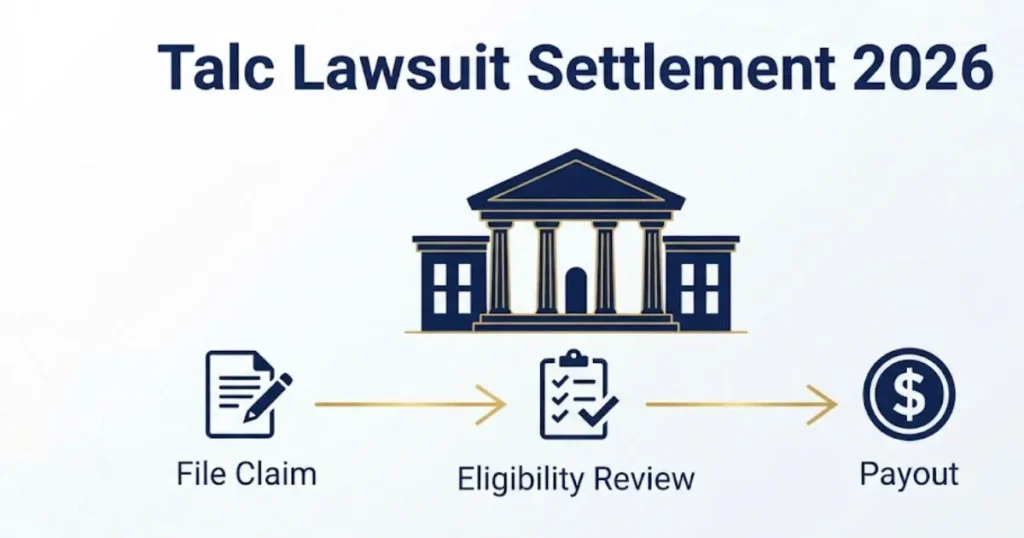 Talc lawsuit settlement 2026 infographic showing claim filing and payout process