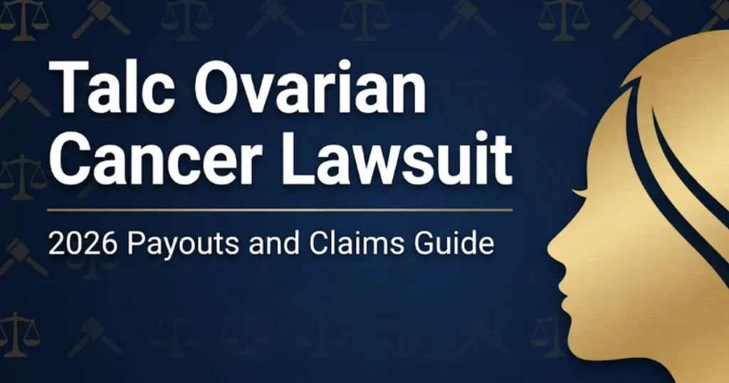 Talc ovarian cancer lawsuit 2026 guide banner with legal symbols and gold accents