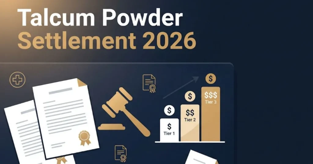 Talcum powder settlement 2026 graphic showing payout tiers and legal documents