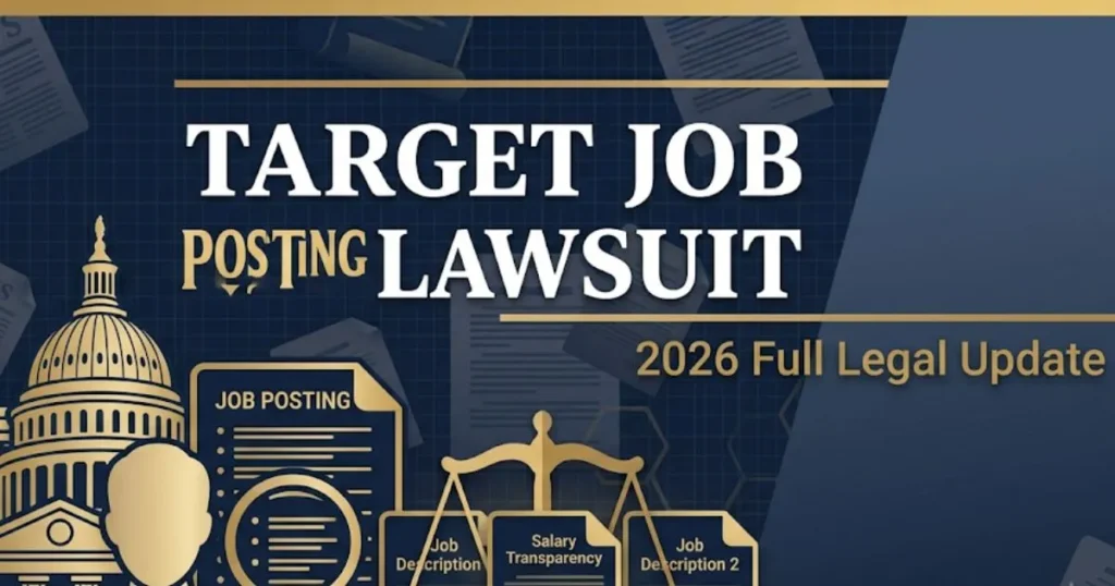 Target job posting lawsuit 2026 blog banner with legal symbols and job posting silhouette