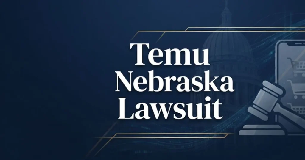 Temu Nebraska lawsuit 2026 legal banner with courthouse and digital data theme