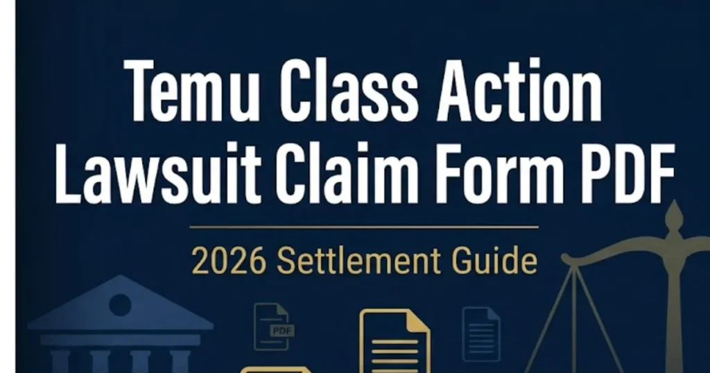 Temu class action lawsuit claim form PDF 2026 guide banner with legal symbols and courthouse silhouette on navy background
