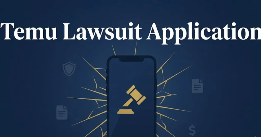 Temu lawsuit application guide banner with gavel and smartphone legal design