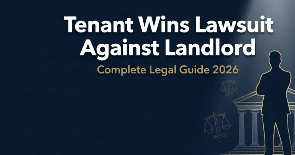 Tenant wins lawsuit against landlord guide 2026 with courthouse silhouette on navy background