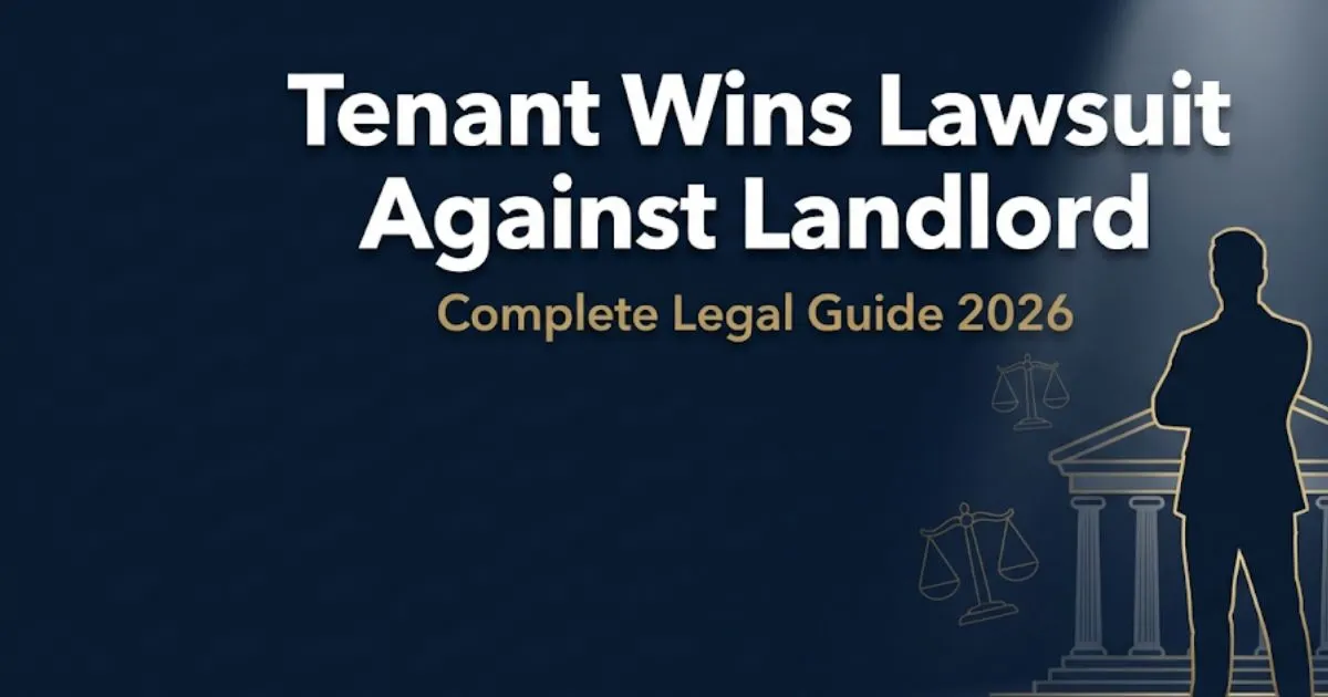 Tenant wins lawsuit against landlord guide 2026 with courthouse silhouette on navy background
