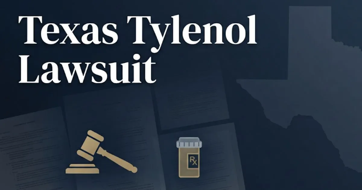 Texas Tylenol lawsuit 2026 hero banner with legal symbols and Texas state outline