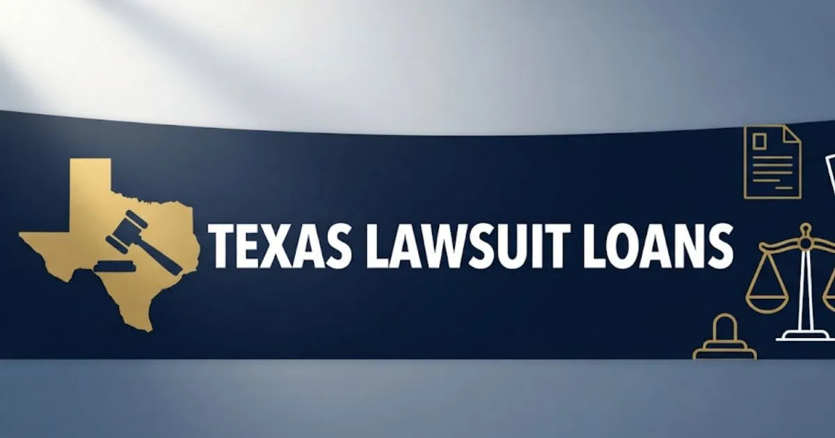 Texas lawsuit loans 2026 guide hero banner with gavel and Texas outline