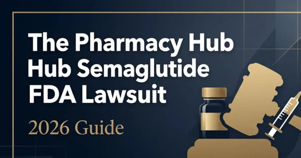 The pharmacy hub semaglutide FDA lawsuit 2026 legal guide hero banner with gavel and pharmaceutical icons