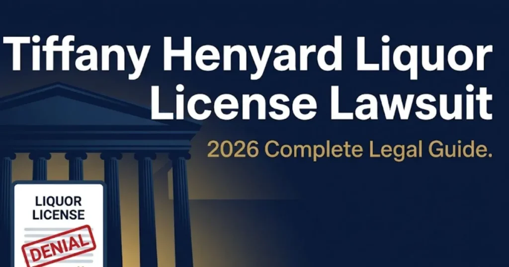 Tiffany Henyard liquor license lawsuit 2026 legal guide hero banner with courthouse silhouette and denied license document icon