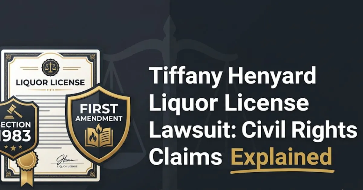 Tiffany Henyard liquor license lawsuit civil rights claims graphic showing Section 1983 and First Amendment legal icons