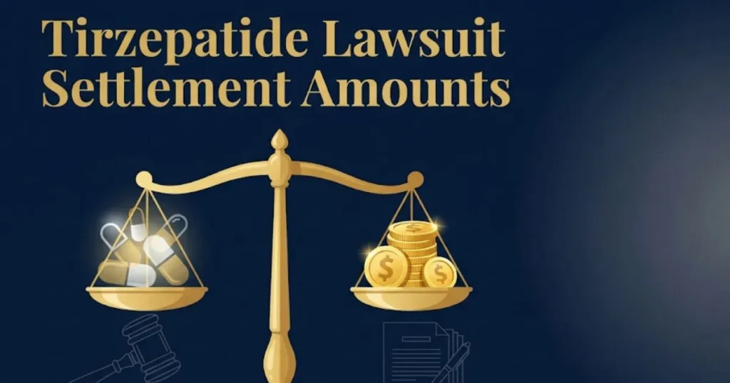 Tirzepatide lawsuit settlement amounts infographic with scales of justice and pill icons