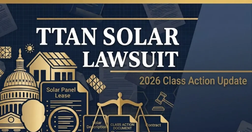 Titan Solar Lawsuit 2026 blog banner with solar house silhouette, gavel icon, and legal themed navy and gold design