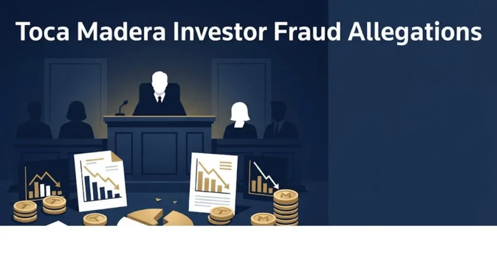 Toca madera investor fraud allegations infographic with courtroom silhouette and financial charts